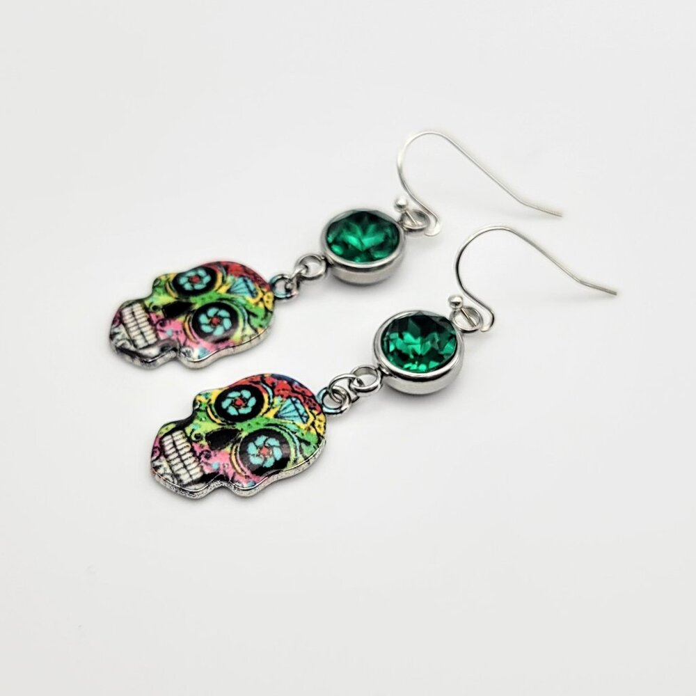Sugar Skull Emerald Gemstone Dangle Earring